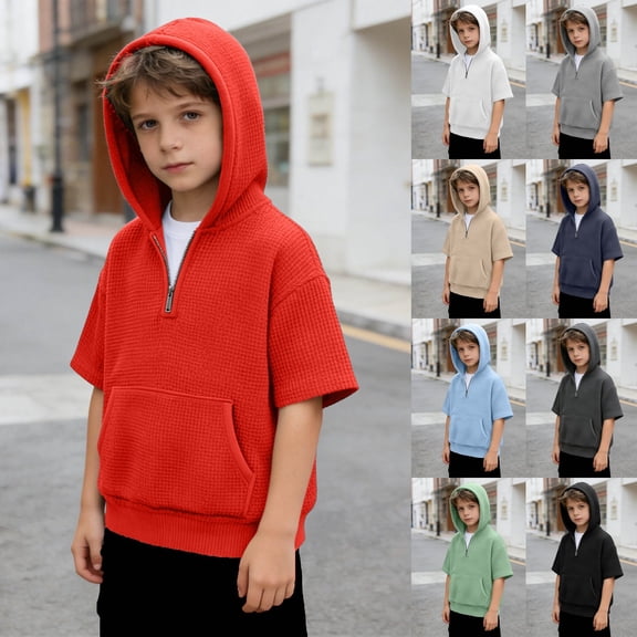 Miaoju Boys Quarter Zip Hoodies Kids Hooded Sweatshirts Knit Pullover Tops Casual Lightweight Fall Winter Outerwear 4-14Years