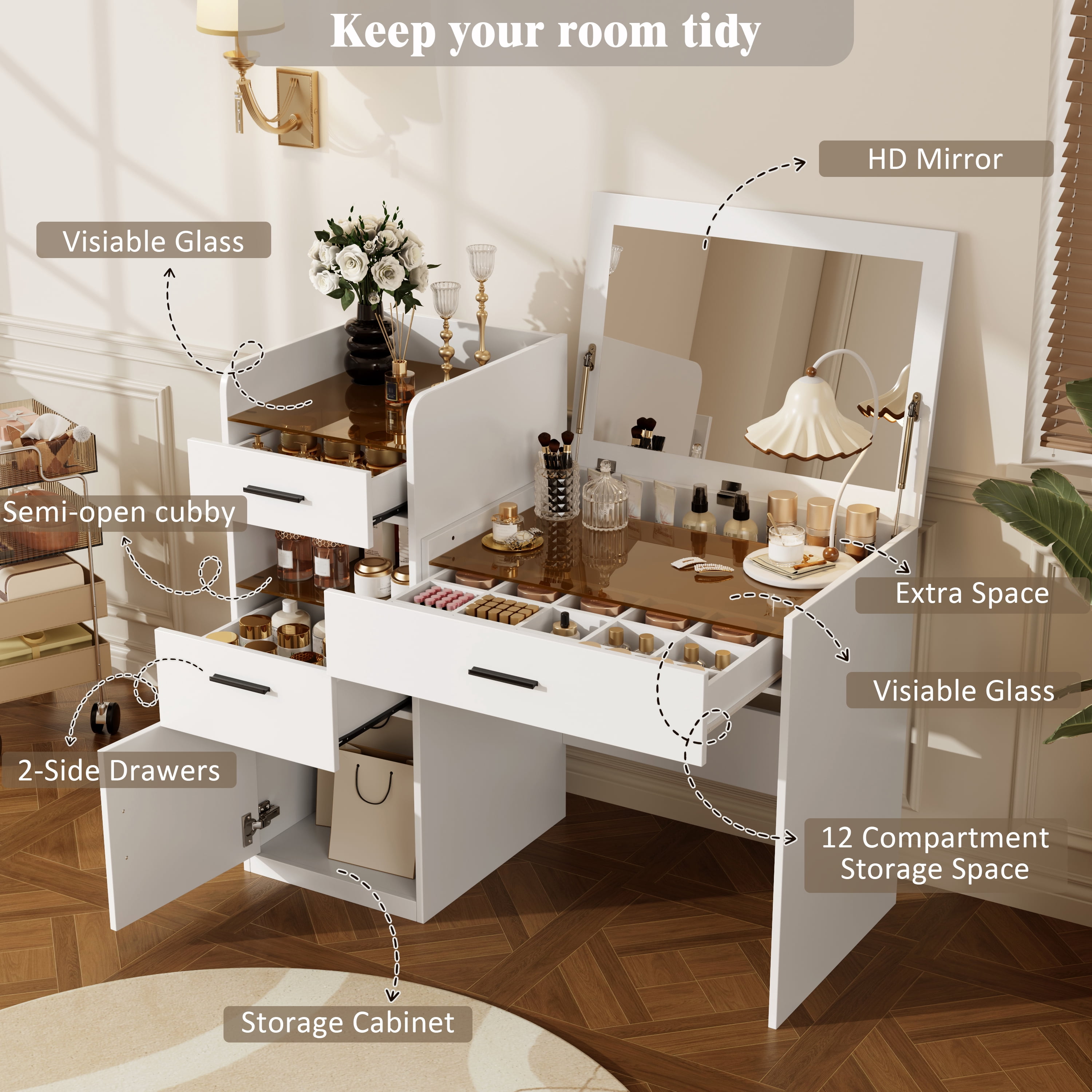 Space-Saving 3-in-1 Vanity Desk with Flip Top Mirror and Hidden Storage, Glass Top Makeup Table with 3 Drawers and Cabinet for Bedroom, White