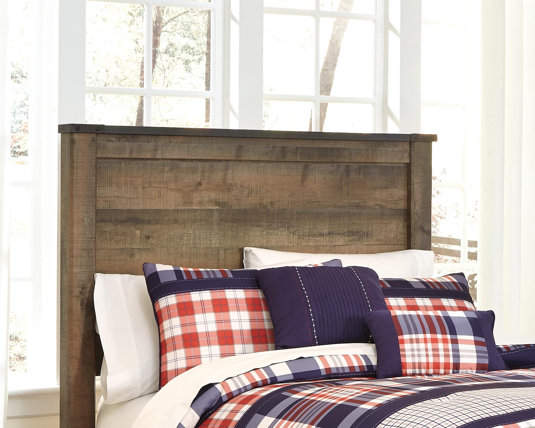 Signature Design by Ashley Trinell Full Panel Headboard, Brown, Rustic Wood-Look Headboard with Plank Design and Nailhead Trim