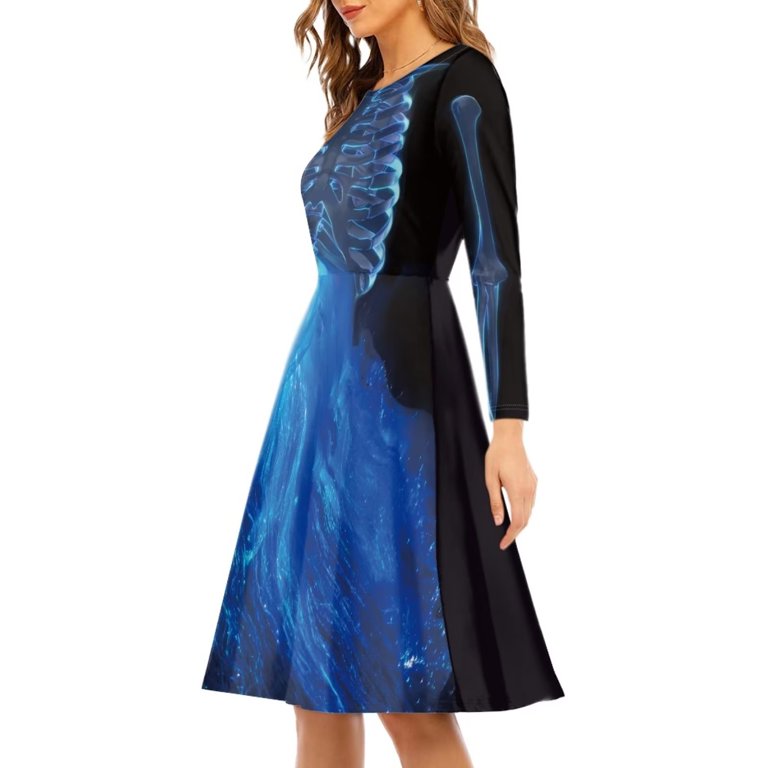 Fkelyi Blue Skull Body Women Dresses Size 2XL Loose Halloween Costume Swing Skater Dress Knee Length Durable Women Dresses Long Crew Neck