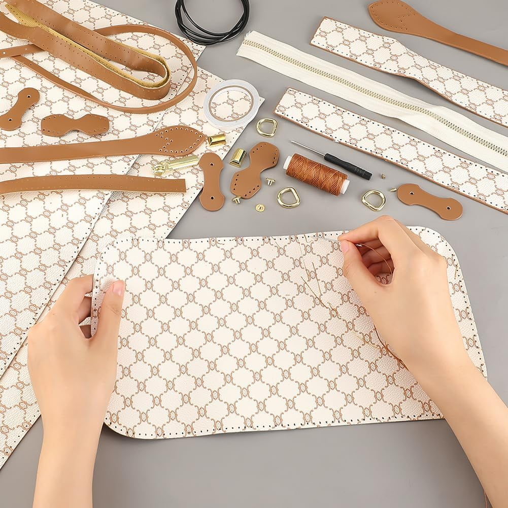 DIY PU Leather Tote Bag Kit DIY PU Leather Shoulder Bags Sew on Making Kit Handmade Handbag Sewing Material Tools Set Handmade Purse Craft Making Project Personalized Women Gift Beige PapayaWhip