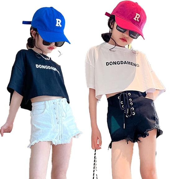 LYMAYTER 4-14Y Girls Juniors Girls Summer Thin Drawstring Raw Hem Trendy Denim Shorts