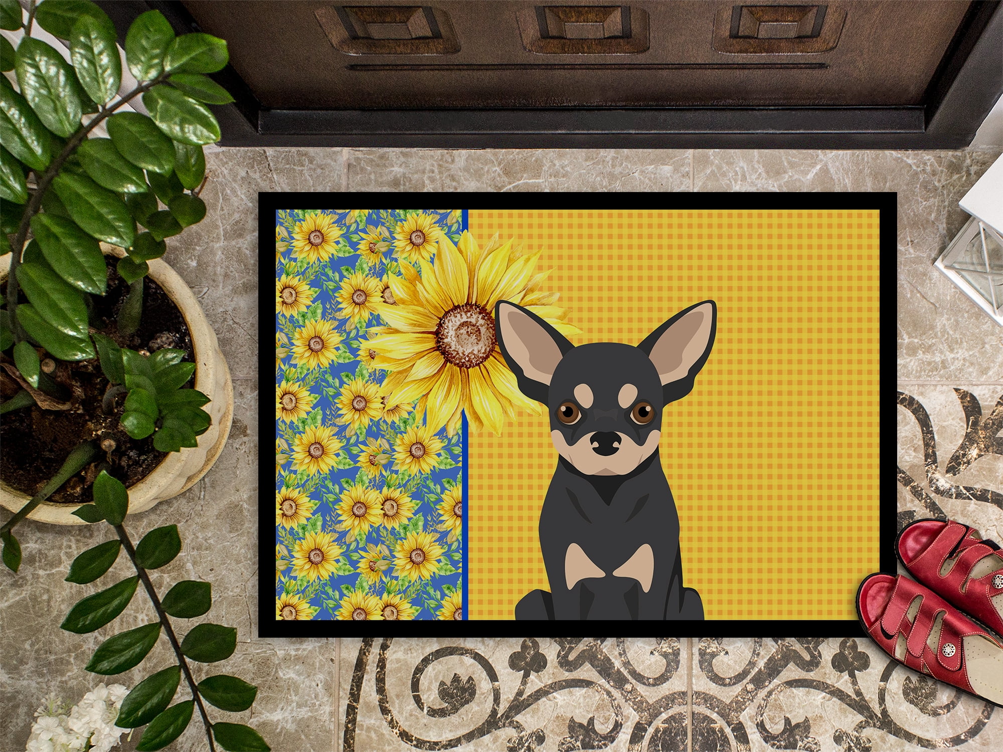 Carolines Treasures WDK5372JMAT 24 x 36 in. Summer Sunflowers Black & Cream Chihuahua Indoor or Outdoor Mat