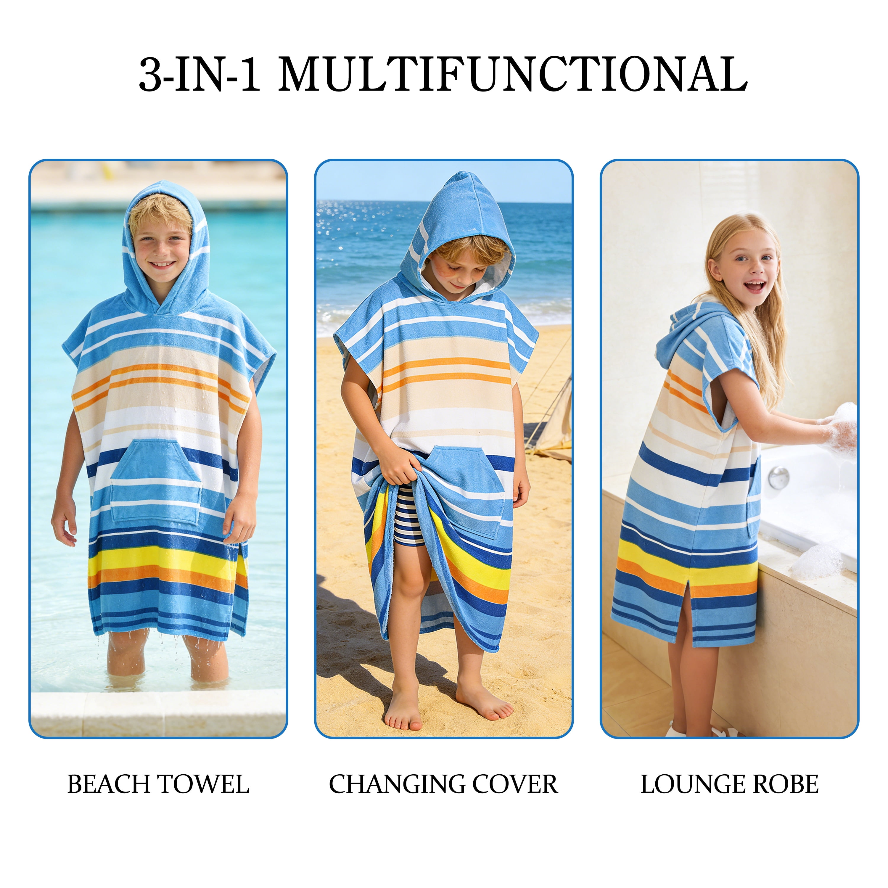 Catalonia Kids Hooded Poncho Towel, 100% Cotton Absorbent Changing Robe for the Beach, Pool, and Bath, Cute Gifts for Childrens (Boys and Girls), Blue Stripe