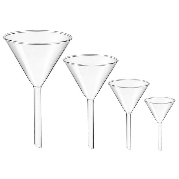 GOOHOCHY Embudos de vidrio para laboratorio (4 unidades), embudos de enseñanza escolar, embudos de experimentación de tallo corto, embudos transparentes.