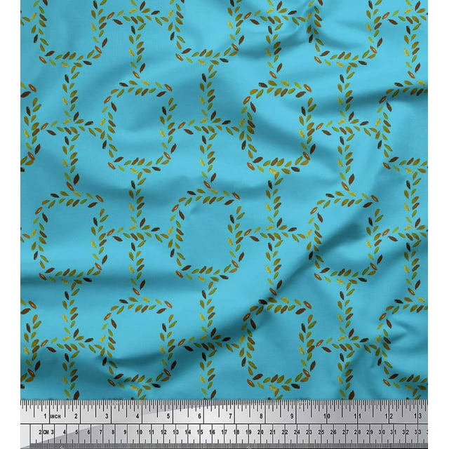 Soimoi Blue polyester Crepe Fabric Leaves & Geometric Printed Fabric 1 Yard 42 Inch Wide