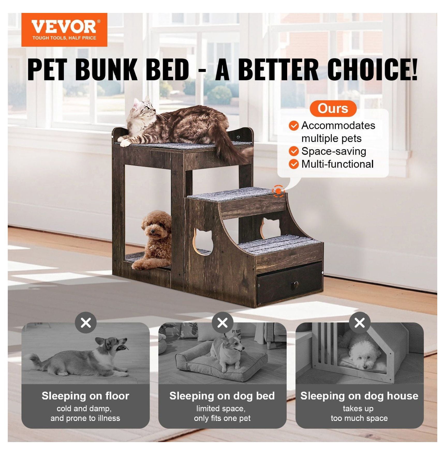 Pet Bunk Bed with Stairs Dog/Cat Window Perch with Storage Indoor Gray