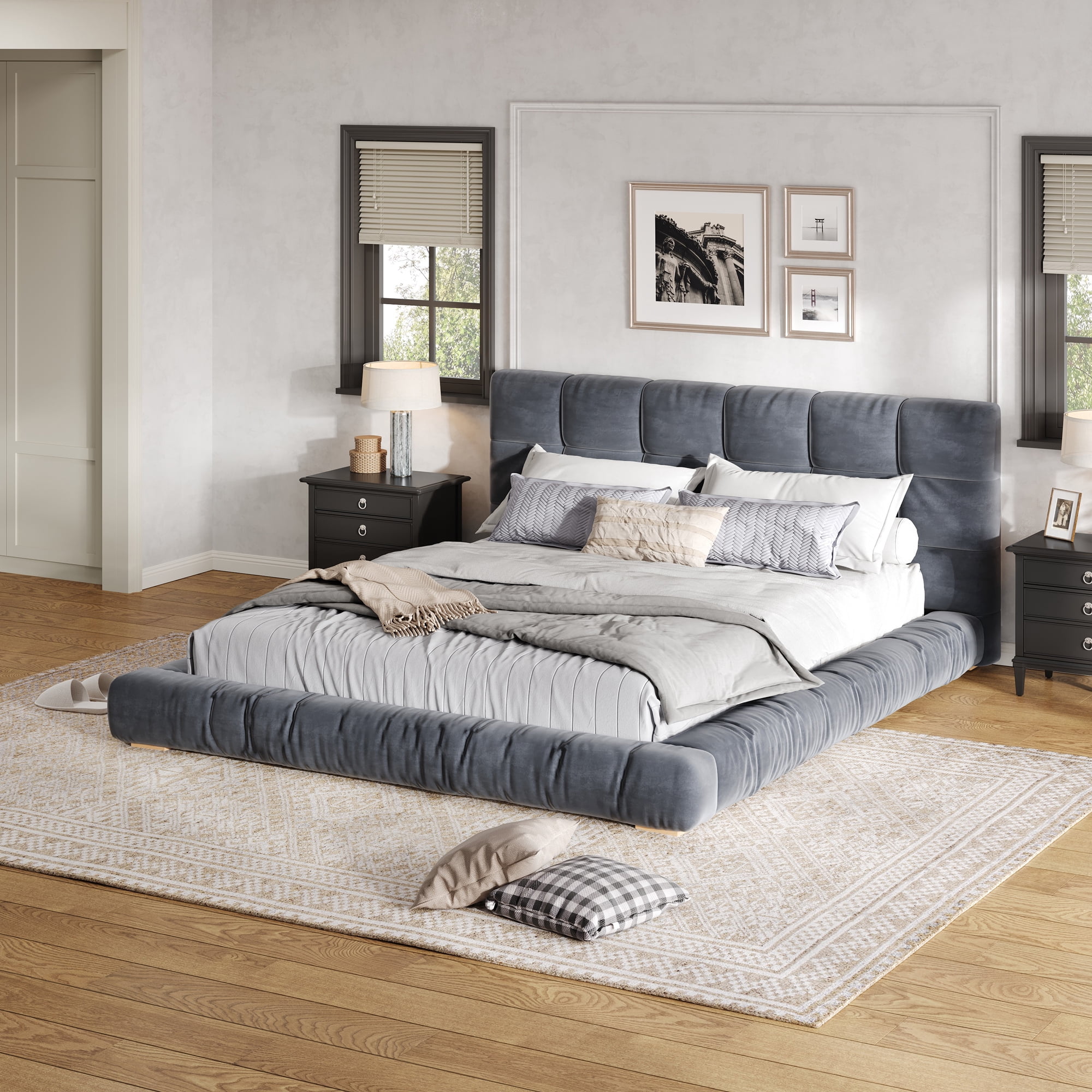 Euroco Velvet Upholstery Queen Size Platform Bed with Channel Tufted Headboard, Gray