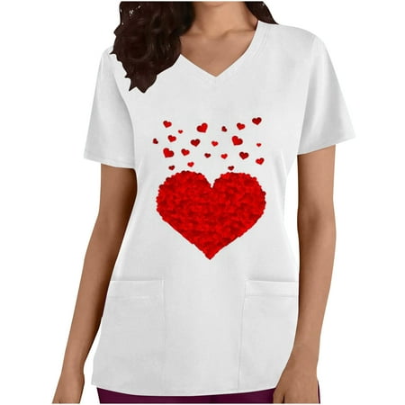 

CYMMPU Women s V-Neck Pocketed Scrub_Tops Nurse Workwear Uniform Clearance Going out Tops Summer Tees Short Sleeve Shirts Trendy Valentine s Day Tunic Love Heart Printing Fashion Tshirts Red XXL