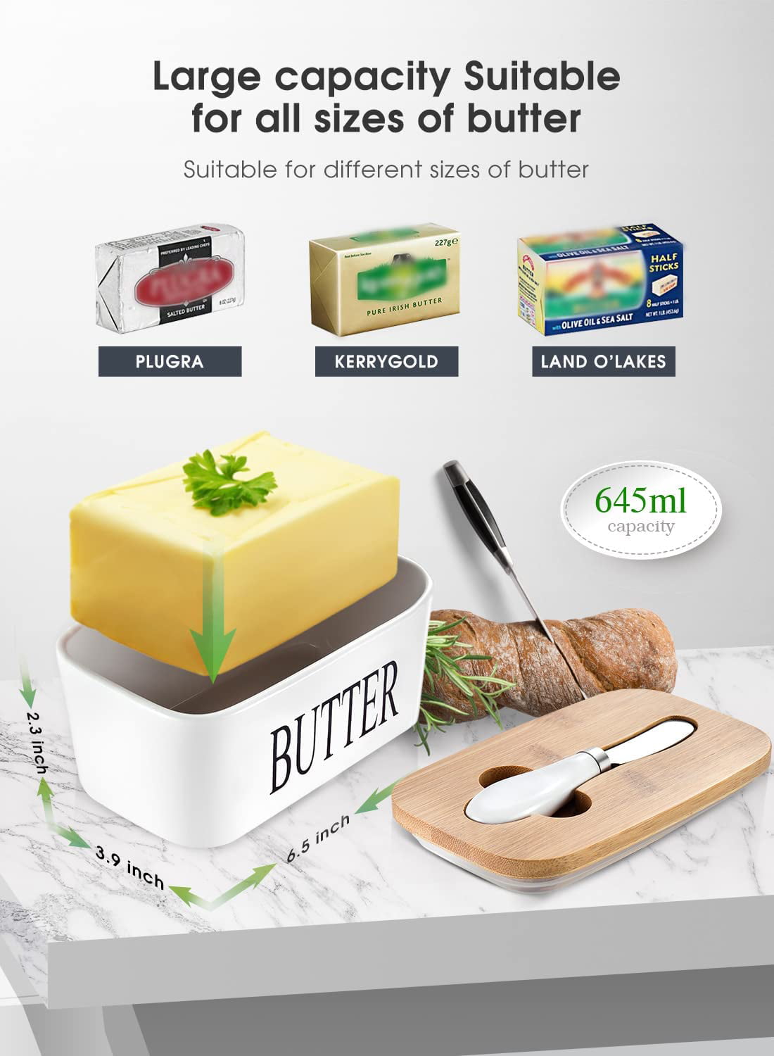 Lovelyduo Large Butter Dish with Lid for Countertop Ceramics Butter Keeper  Container with Knife High-quality Double Silicone for Kitchen, Farmhouse