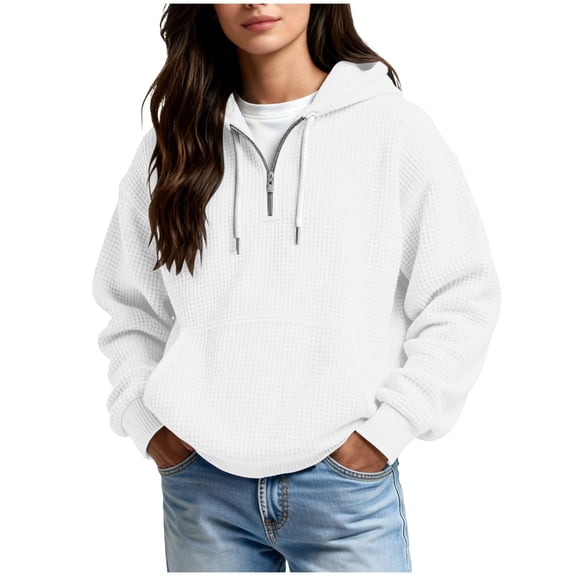 Sheghy Women Curvy Waffle Knit Long Sleeve Winter Hoodie with Pockets Weekend Outing White S