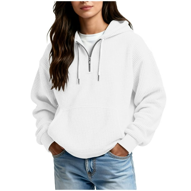 Ounisa Womens Hoodies Casual Long Sleeve Drawstring Waffle Pullover Tops Loose Hooded Sweatshirt with Pocket
