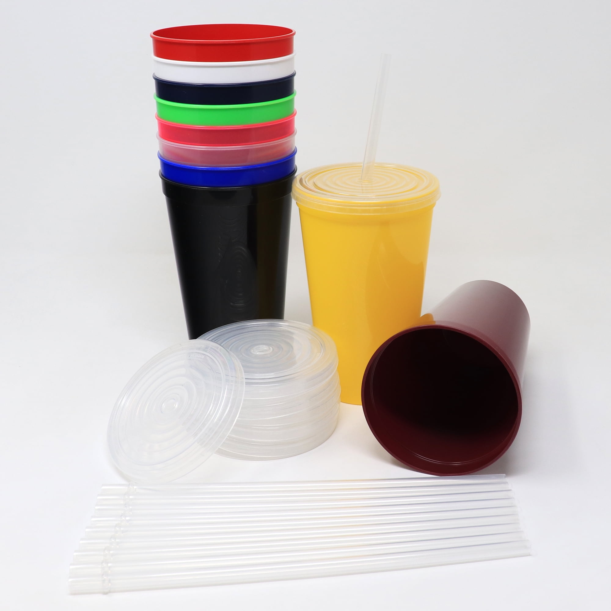 Rolling Sands 22 oz Reusable Plastic Cups with Lids, 10 Pack, USA