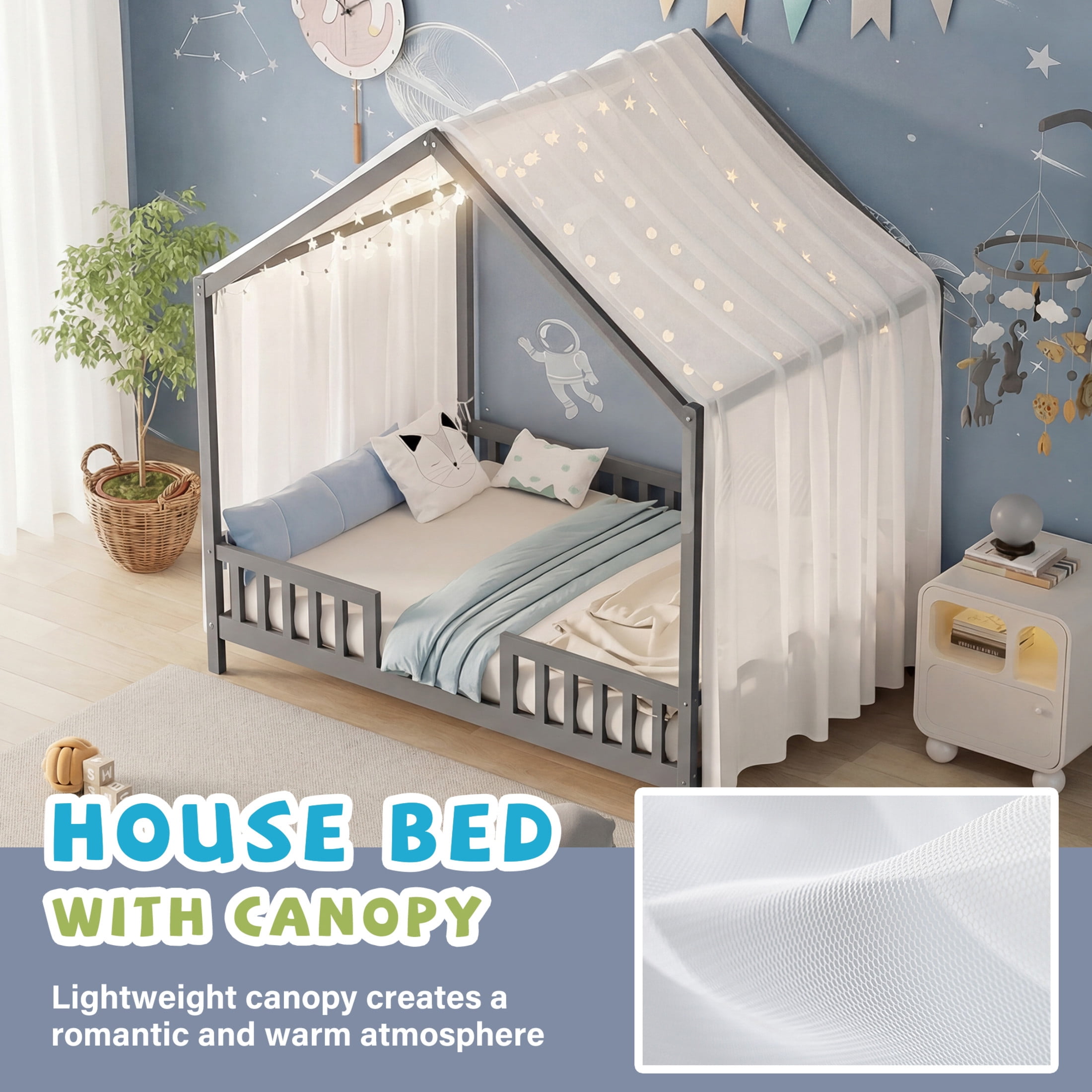 Noble House Full Floor Bed with Canopy and Guardrails, Wood House Bed Frame for Kids, Gray