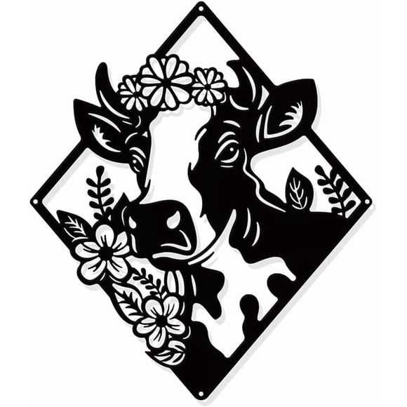 Cow Flower Metal Wall Art Decor Matte Black Wall Hanging Decor Silhouette Wall Art for Home Bedroom Living Room Bathroom Kitchen Office Hotel Wall Decoration 10.3×8.86"(26.2x22.5cm)