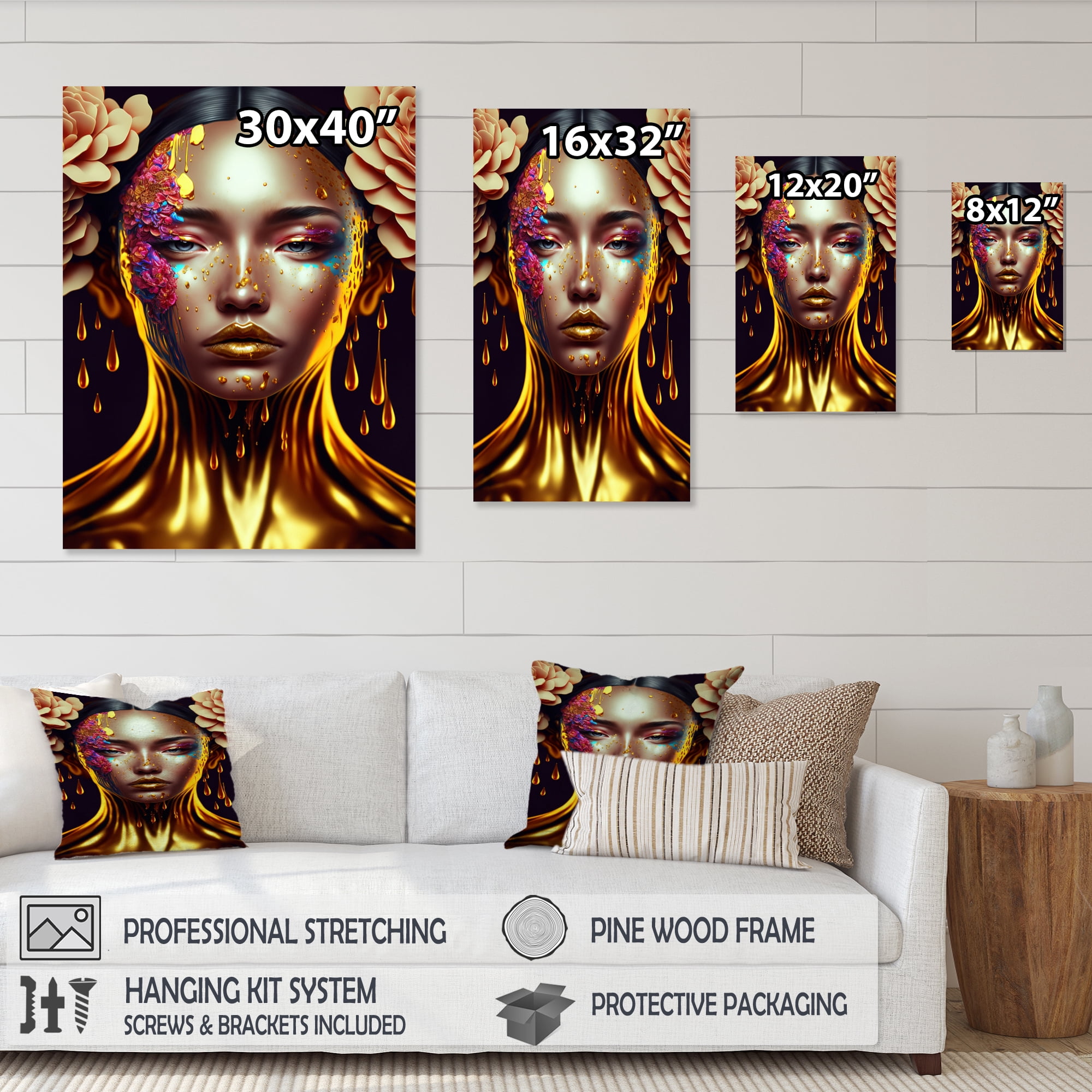 Designart Gold And Black Floral Asian Woman II Canvas Wall Art