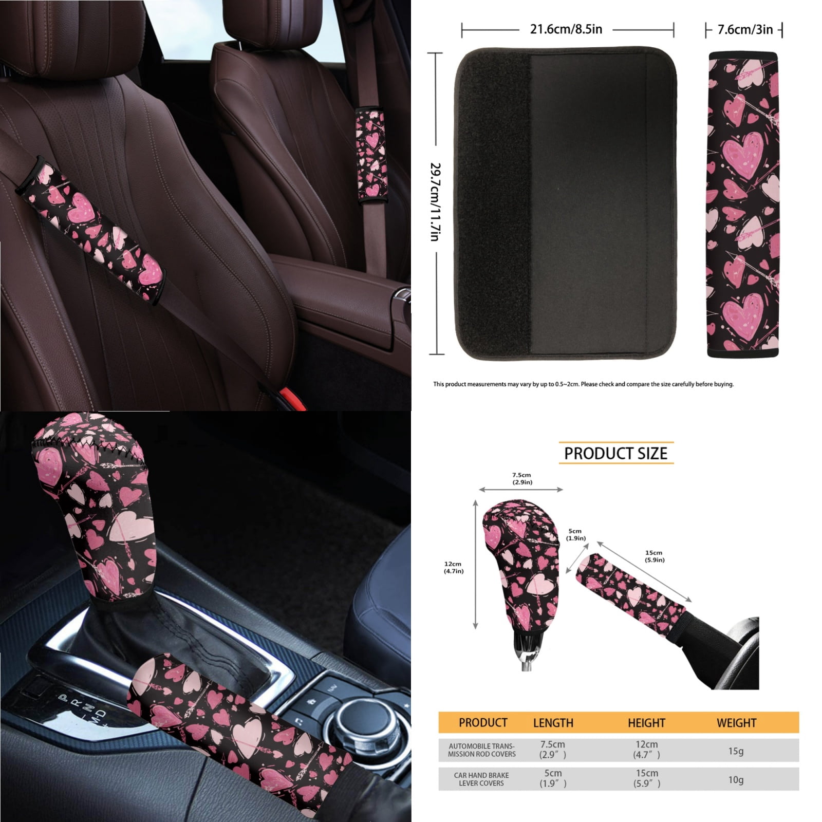 Jeiento Love Heart 14 PCS Car Seat Covers Set with Steering Wheel Cover Seat Belt Pads Garbage Bag Armrest Seat Box Cover Handbrake Cover Set Rear View Mirror Protector Coasters Auto Accessory