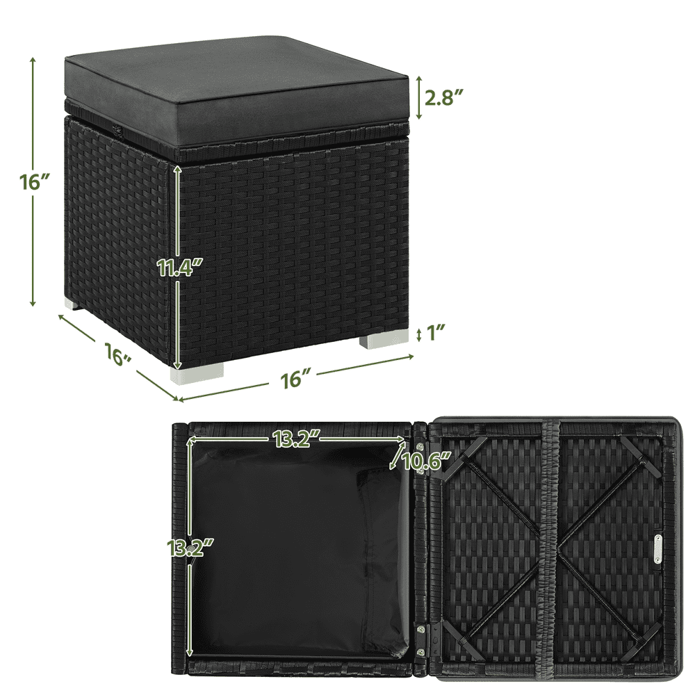 Renwick Wicker Patio Storage Ottomans with Cushions, Set of 2, Black/Gray