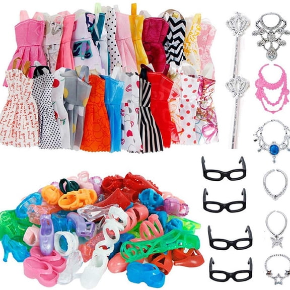 SSNTSY 32Pcs Doll Clothes Dress-up Accessories 10 Skirts 10 High Heels 6 Necklaces 4 Glasses and 2 Magic Wands for Home Dressing Games