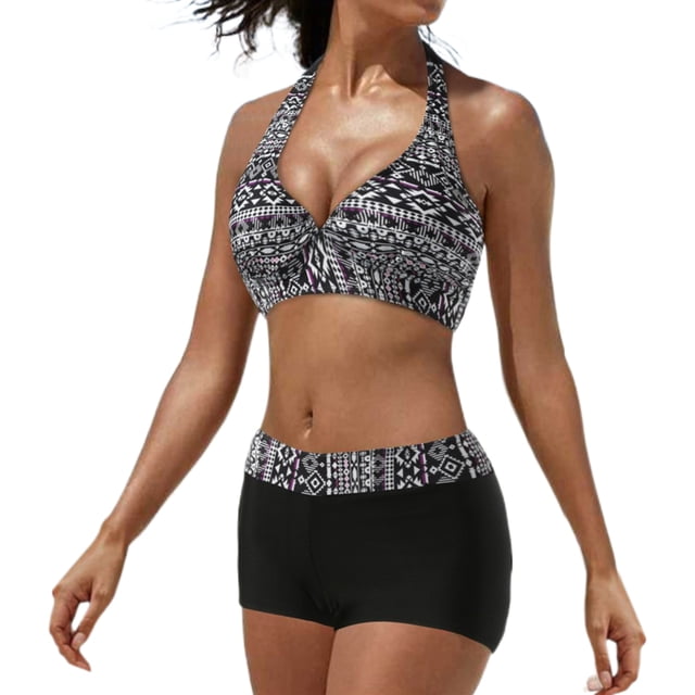 Conjunto de bikini push-up con control de abdomen para mujer, traje de baño de dos piezas con escote en V y parte inferior de cintura alta y tankini con pantalones cortos