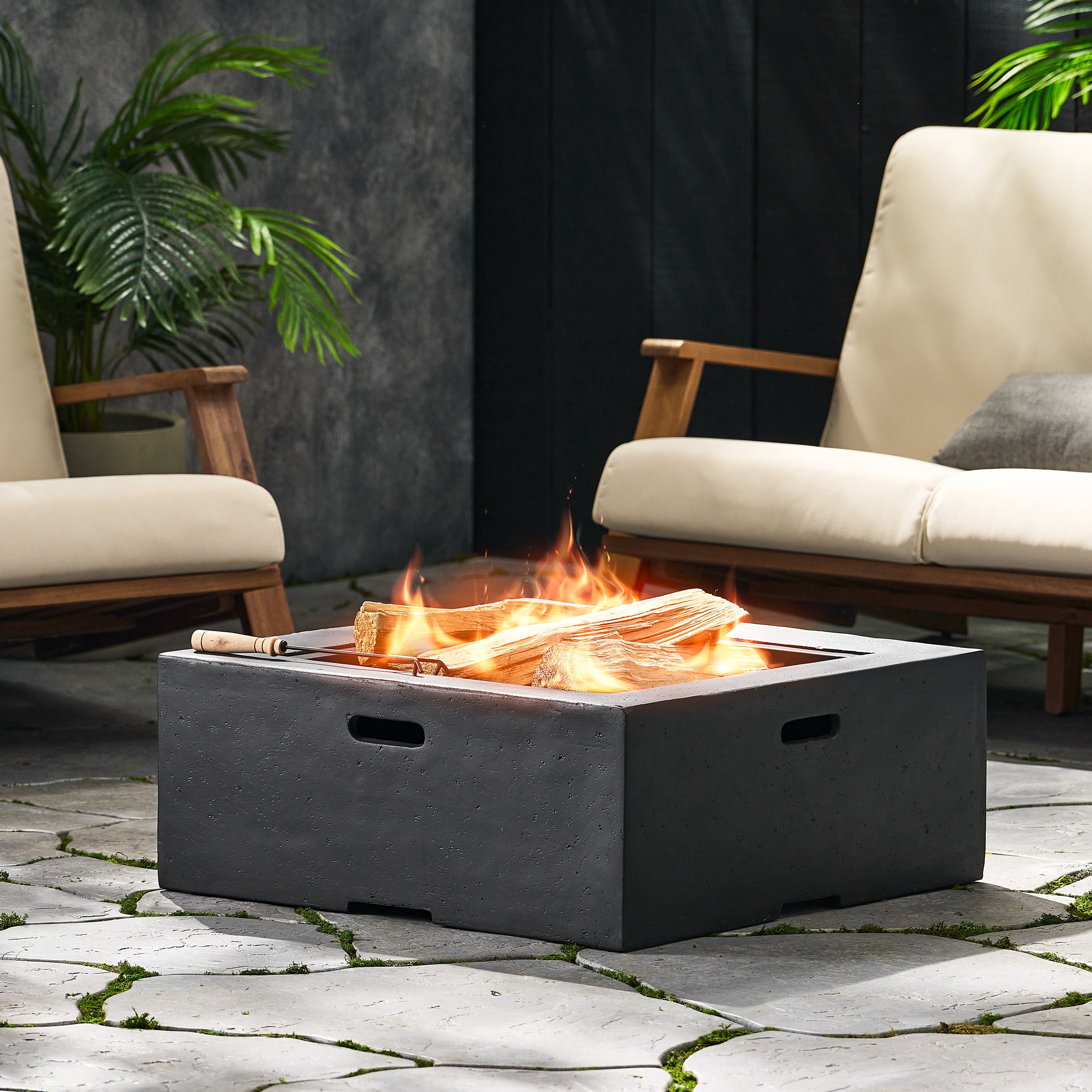 Aruda Outdoor Lightweight Concrete Square Wood Burning Fire Pit Dark Gray