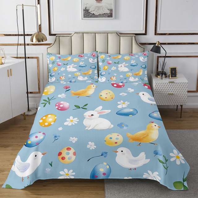 Erosebridal Cute Chicken Rabbit Coverlet Set Queen, Happy Easter Egg Bedding Set, Daisy Blossom Home Decor 3 Pieces