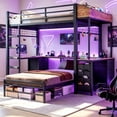 thumbnail image 6 of Bunk Bed Twin Over Twin with Desk, L-Shaped LED Gaming Metal Loft Bed with 6 Storage Drawers and Bed Side Boxes & Charging Staion, Black Space Saving Bedroom Furniture, 6 of 13
