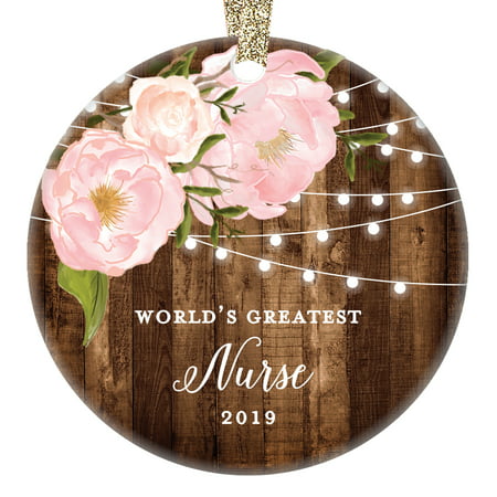 World's Greatest Nurse 2019, Best Nurses Christmas Ornament Pink Peonies Dated Xmas Farmhouse for Wife Daughter Woman Nursing Student 3