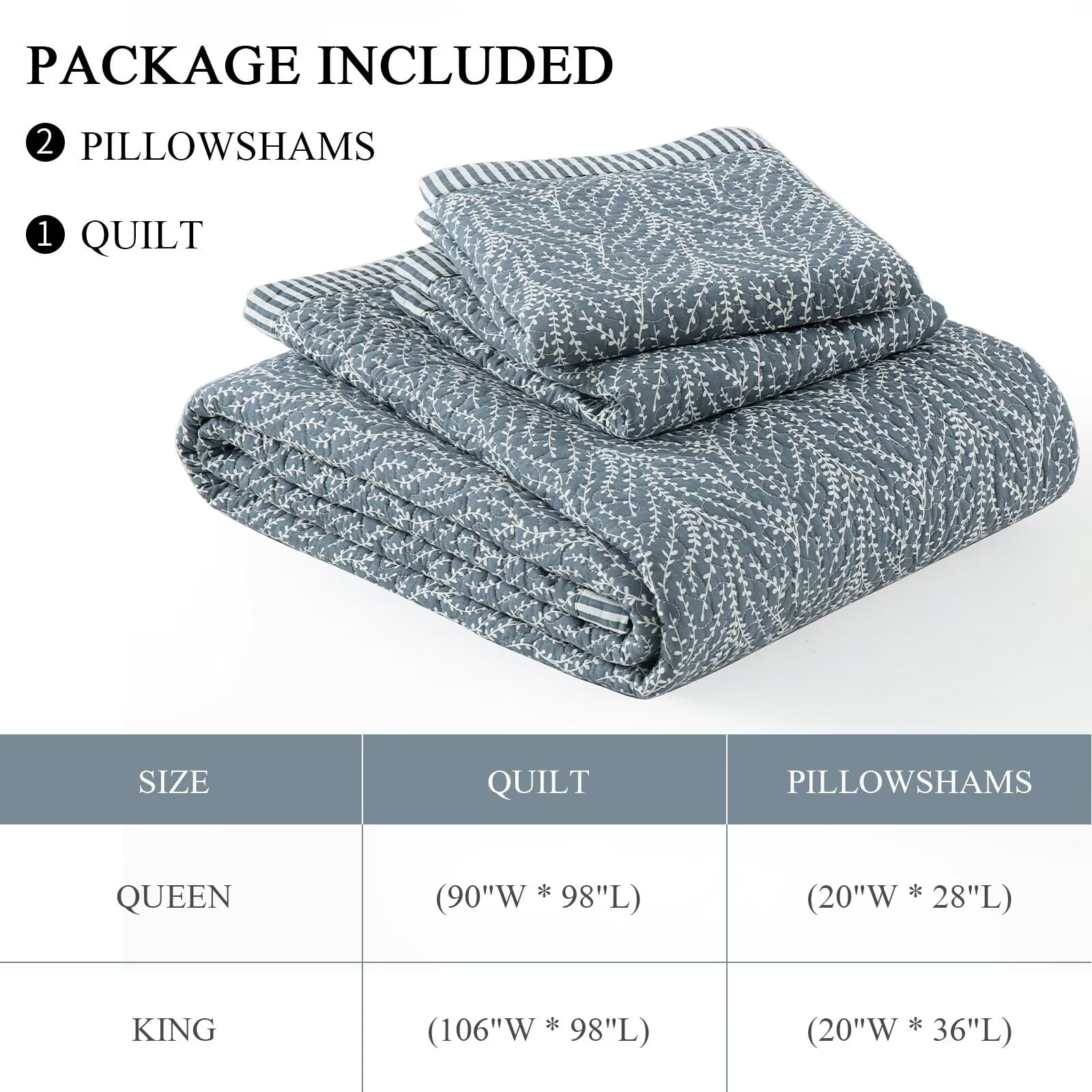 SahSahCasa Botanical Quilts Queen Size, 100% Cotton Queen Comforter Set for Bed, Reversible Lightweight Quilted Bedspread, Floral Quilt Bedding Set All Season, Grayish Blue/White, 3 Pieces