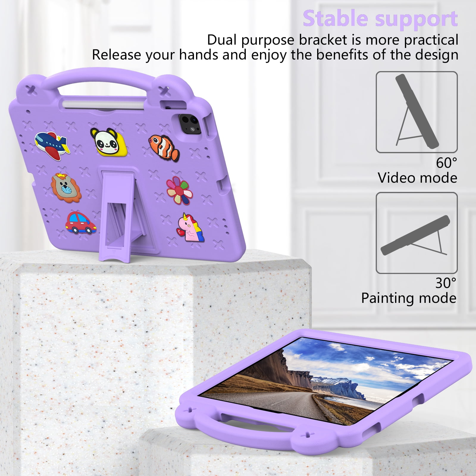 Nalacover Cartoon Handle Case for Apple iPad Air 11 inch 2024 Case, EVA Foam Cute Pattern with Pencil Holder Kickstand Cute Shockproof PC Case for iPad Pro 11 inch 2024, Lightpurple
