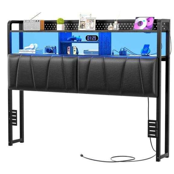 Homieasy Queen Upholstered Headboard with Storage Shelves, Queen Size Headboard with Power Outlets & LED Lights for Queen Bed, Sturdy Queen Bed Headboard for Bedroom/Dorm Room, Black Oak