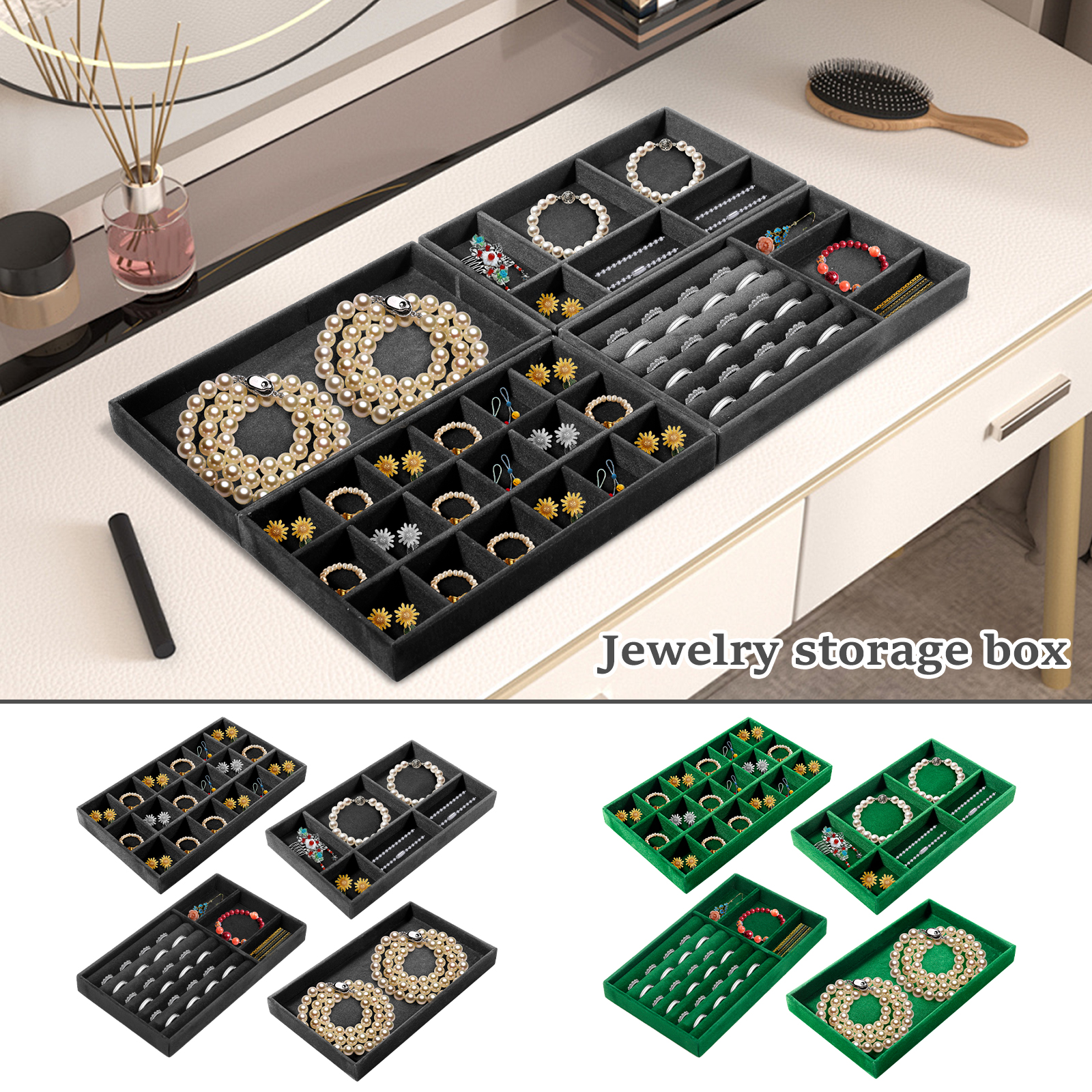 Velvet Jewelry Trays for Drawers, Set of 12 Stackable Jewelry Drawer Organizer Inserts, 4 Styles Black Velvet Drawer Compartment Organizer Tray for Rings, Earrings, Necklace, Bracelet, Watch