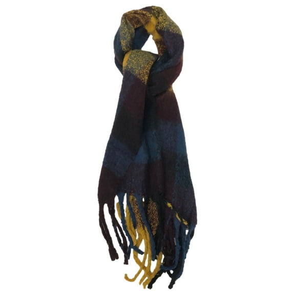 Womens Soft Blue Yellow & Burgundy Fringe Jewel Tone Blanket Scarf