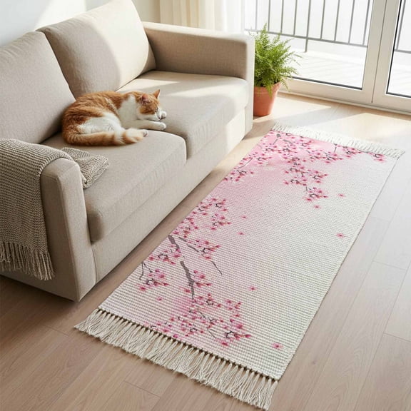 Cherry Blossom Hallway Runner Rug 2'x5', Gradient Tree Pink Flower Plant Washable Kitchen Runner Rug with Tassels, Laundry Room Rugs Woven Cotton Carpet for Bedroom Entryway Front Door
