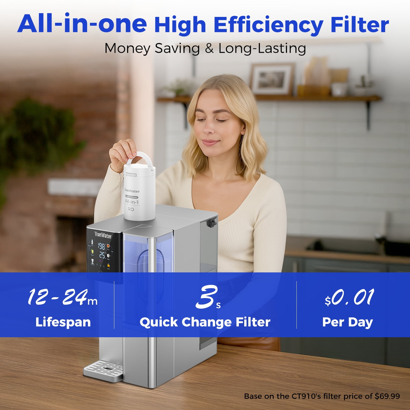 VonWater CT910GH Reverse Osmosis Water Filter Countertop, 3S Instant Hot RO Water Filtration System, 7-Stage Water Purifier Removable Pitcher, NSF/ANSI 372, Reduce TDS PFAS, No Installation
