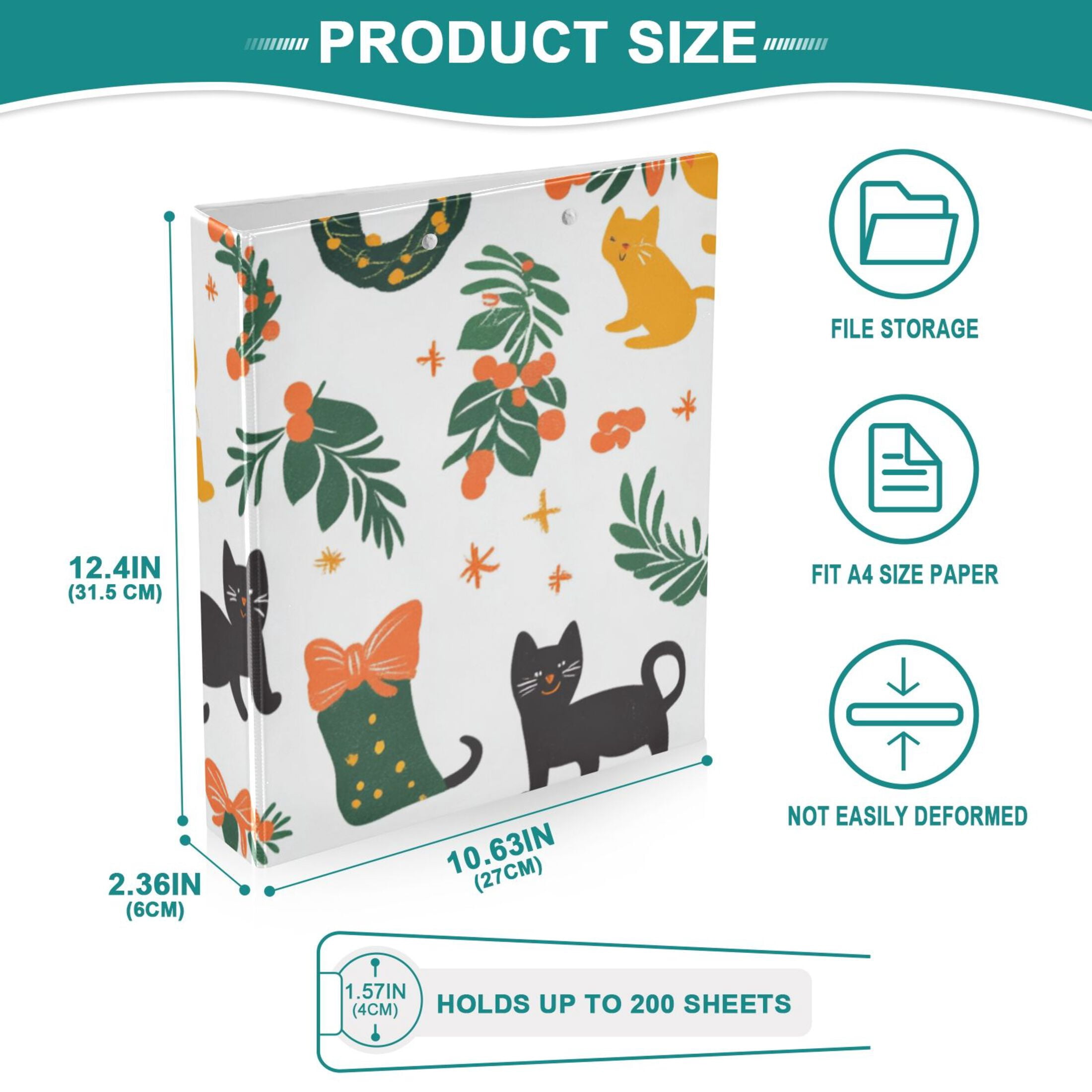 Christmas Cute Cats 3 Ring Binders 1.5 inch Hardcover File Folders with Interior Pockets A4 Size Organizer for School Office Hospital