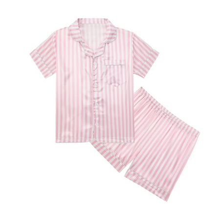 

Lovely Casual Sleepwears For Children Girls Striped Printed Turn-Down Collar Short Sleeve Spring Summer Outfits Pajamas Clothes Comfortable Soft Cozy Homewear