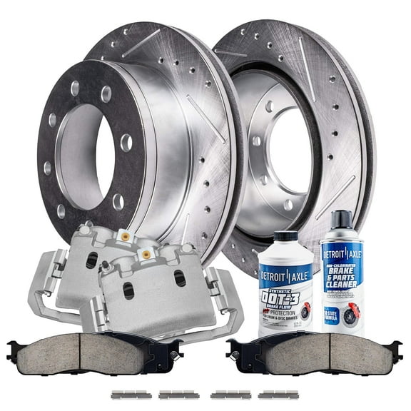 Detroit Axle - Front Brake Kit for 2003-2008 Dodge Ram 2500 3500 Drilled & Slotted Brake Rotors and Ceramic Brakes Pads Brake Calipers 2004 2005 2006 2007 Replacement: 13.91" Rotors