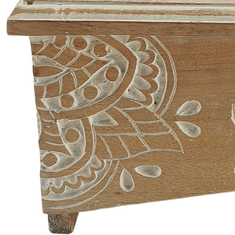 LR Home Wood Elevated Double Pet Feeder with Engraved Mandalas and Dogs,  19 x 9 x 5, Brown / White