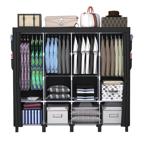Black, Portable Closet Organizer and Storage with 3 Hanging Rods for Hanging Clothes, 6 Wardrobe Closet Storage Shelves for Bedroom, Easy to Assemble.