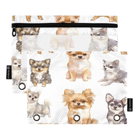 2 Pack Pencil Bag 9.84x6.1 Inch 3-Ring Page Turning Folder Zipper Pencil Case Pencil Bag Page Turning File Bag Smiling Watercolor Dogs