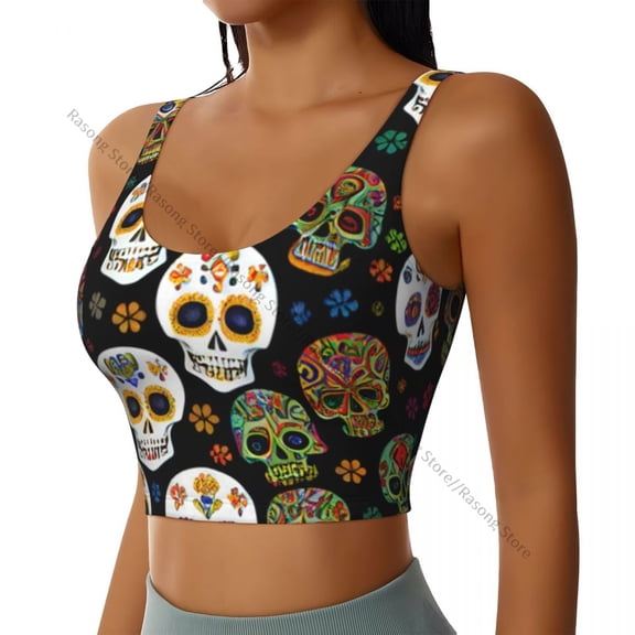 Women Sexy Sports Vest Skulls With Flowers Female Streetwear Sport Lingerie Tee Crop Top