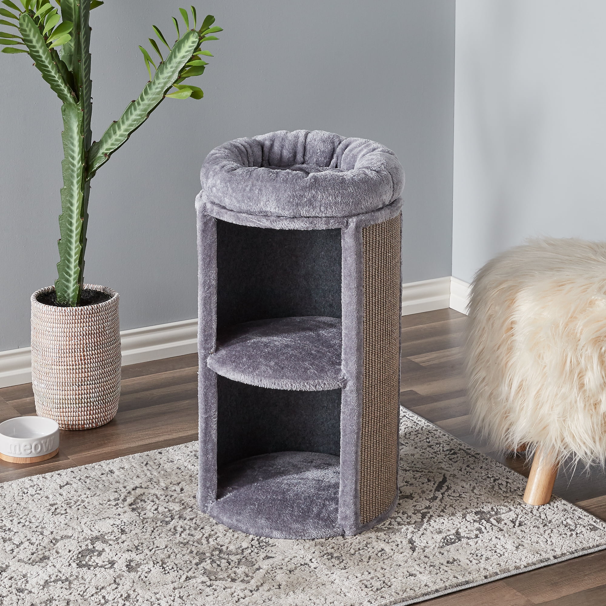 Two by Two Juniper Two-Level 25.5-inch Column Style Cat Condo, Bed and Scratch Pad