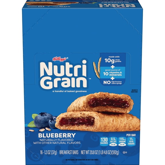 Kellogg's Nutri-Grain Blueberry Chewy Soft Baked Breakfast Bars, Made with Whole Grains, 20.8 oz, 16 Count