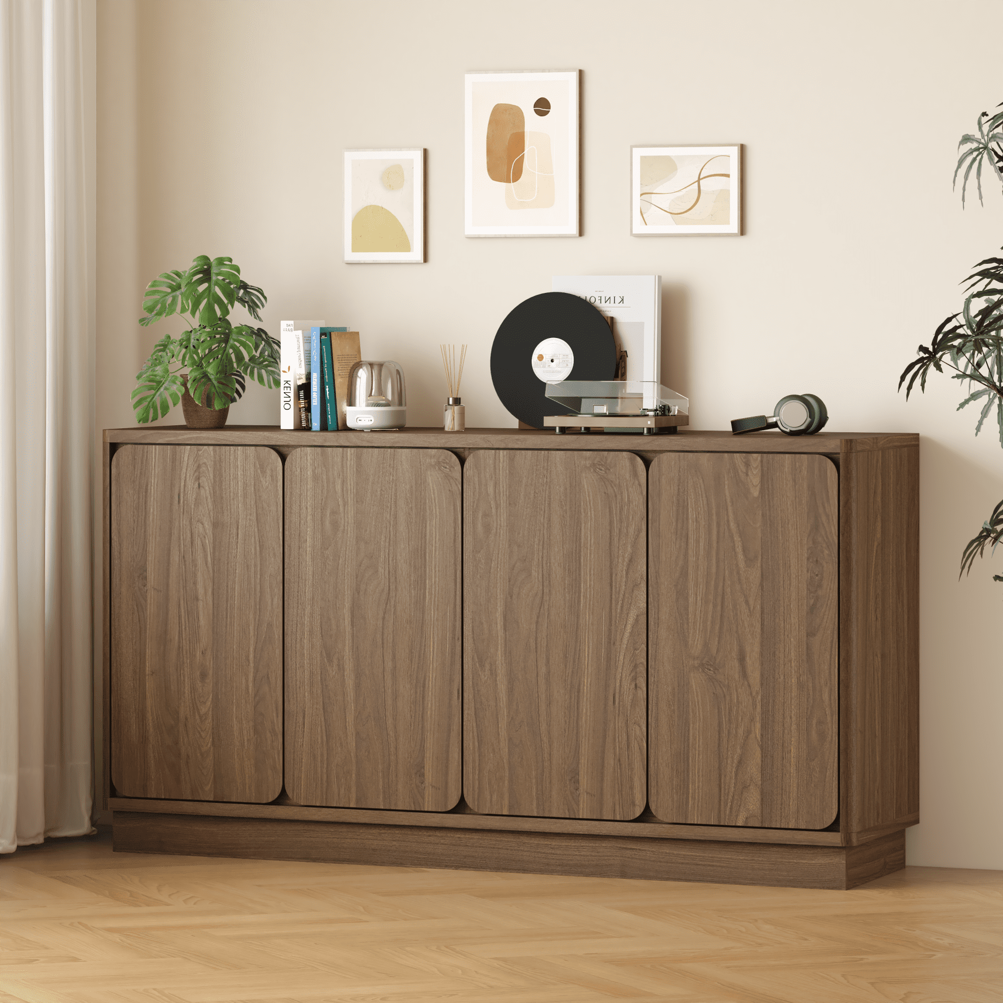Leumius Sideboard Buffet Cabinet,59.1" W Kitchen Sideboard Storage Cabinet with 4 Doors and Adjustable Shelves,Large Side Board Cabinet Coffee Bar Cabinet for Dining Room,Walnut