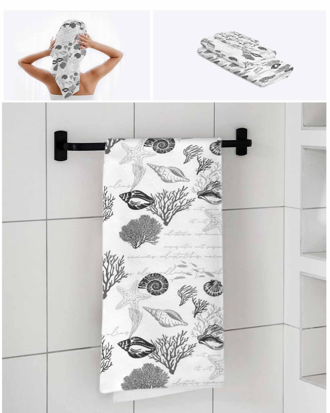 Coastal Grey Bath Towels for Bathroom Set,Luxury Microfiber Towels Gifts for Women,Quick Dry Beach Hand Hair Face Towel and Dish Washcloth,Retro Ocean Coral Shell Starfish Seahorse Towels+Set