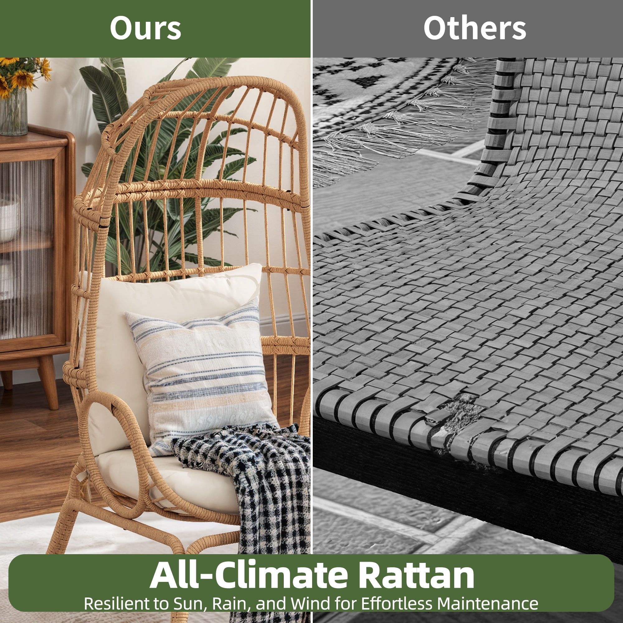 Uforic Wicker Narrow Egg Chair, Patio Rattan Cocoon Basket Chair with 380lbs Capacity