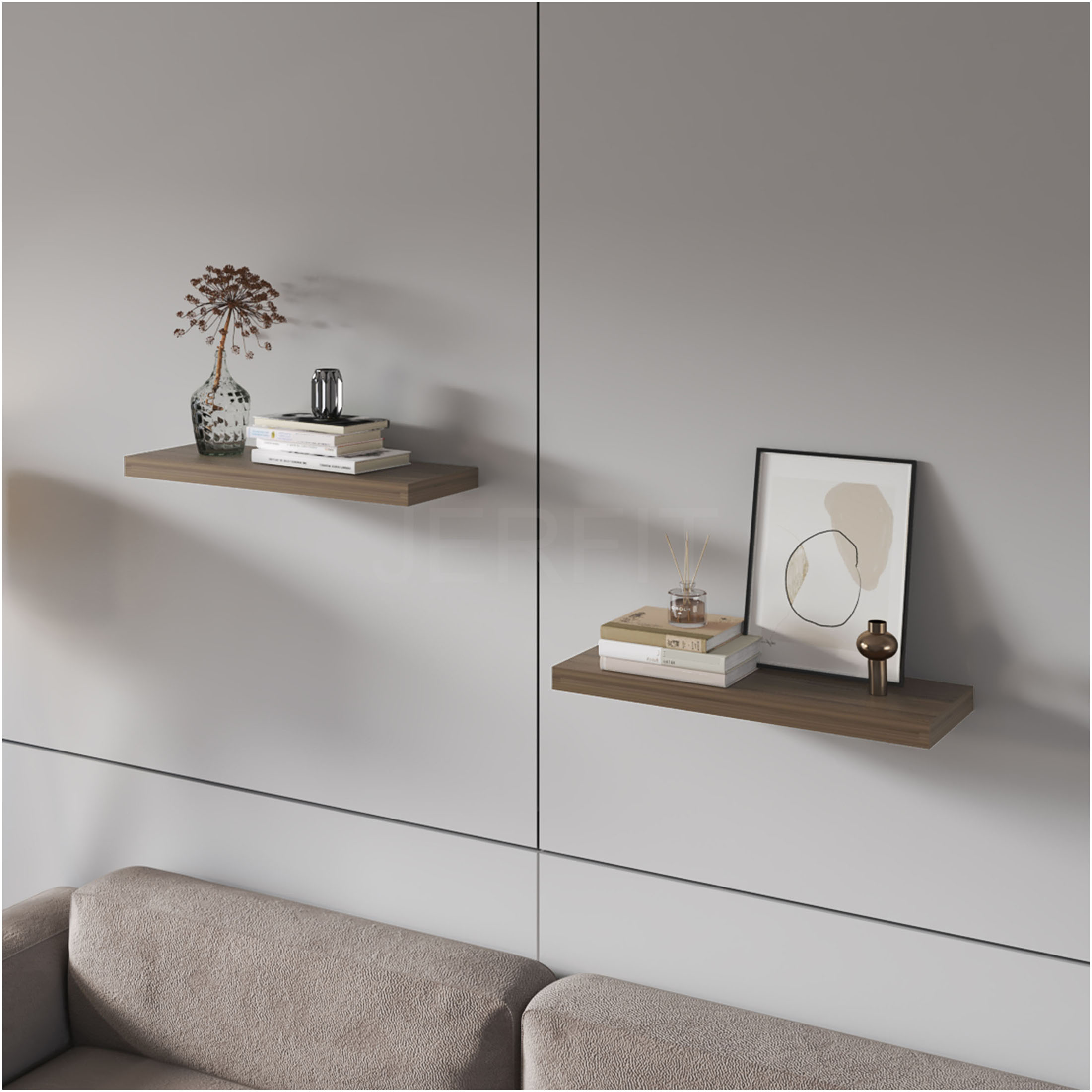 JERFIT Floating Shelves Set of 2, 32-Inch Wall Mounted Shelves for Modern Home, Invisible Floating Shelf with Large Display Space, Walnut Melamine Finish