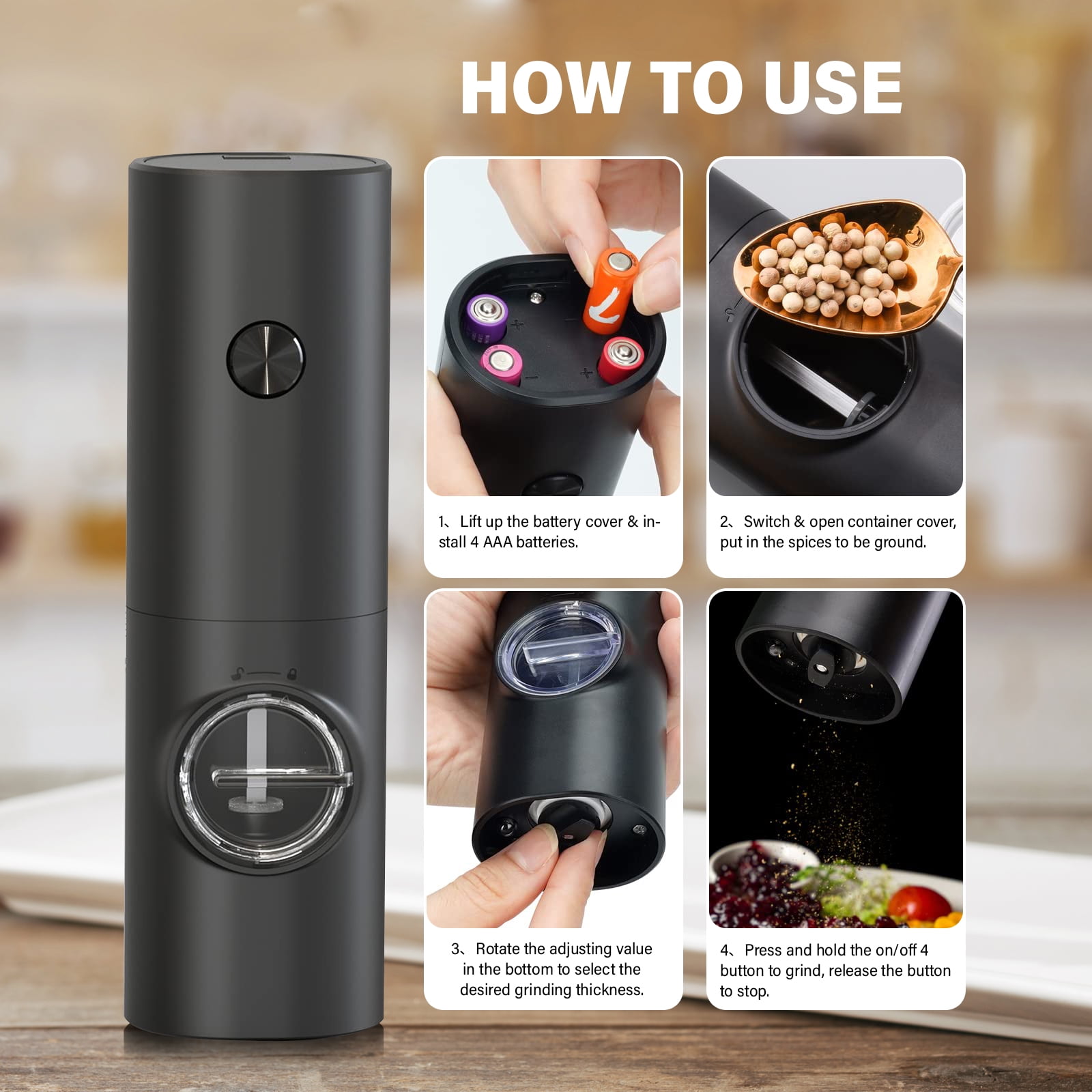 WIGACH Salt and Pepper Grinder, Electric Salt and Pepper Grinder Set, Battery Powered Automatic Pepper&Salt Mill Grinder, LED Light, Adjustable Coarseness (2 Pack)