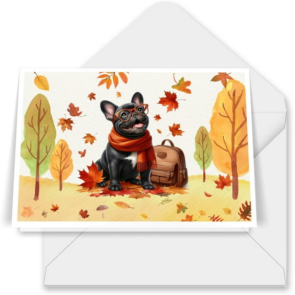Welcome Fall French Bulldog Enjoys School Time Autumn Fall Leaves 7x5in Folded Greeting Card Dog Lover Gifts Single Note Card with Envelope - 02013